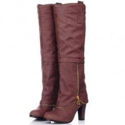 Coffe Pu Zip Heels Knee High Boots